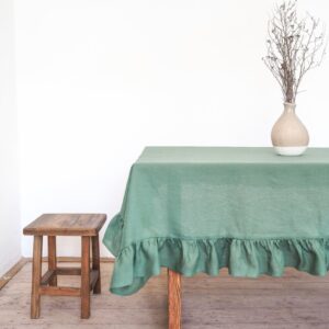 Eucalyptus green linen tablecloth with frill